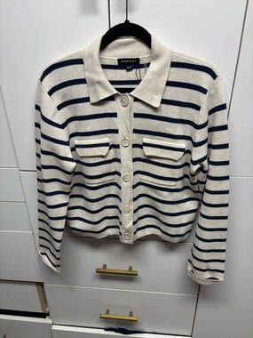 Repeat Striped Button-Front Cardigan in Cream and Navy
